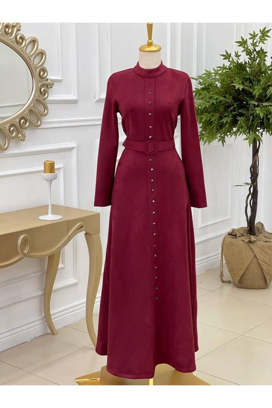 Zimbalı Süet Elbise 3200-Bordo