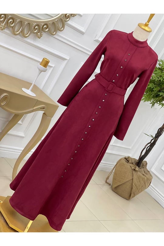 Zimbalı Süet Elbise 3200-Bordo