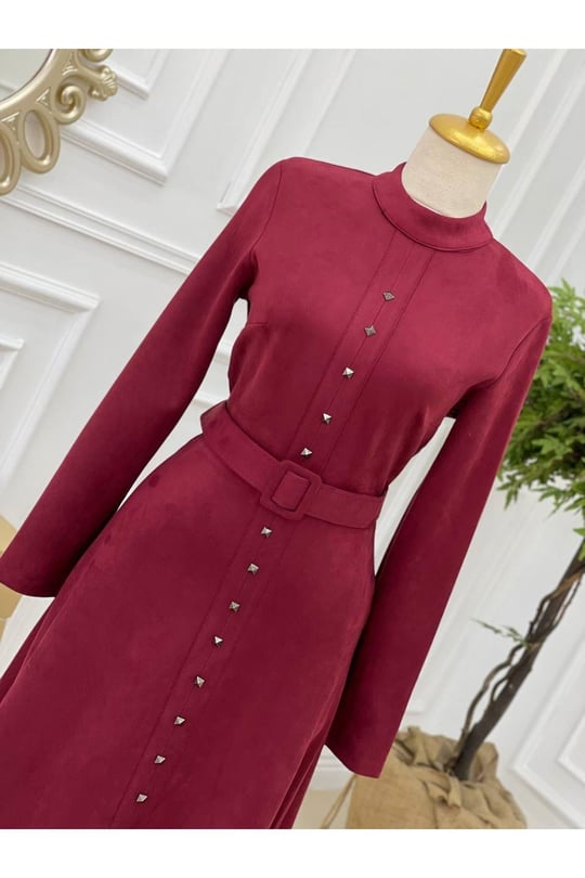 Zimbalı Süet Elbise 3200-Bordo