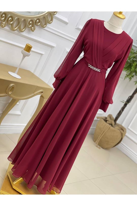 Zincir Kemer Şifon Elbise 3645-Bordo