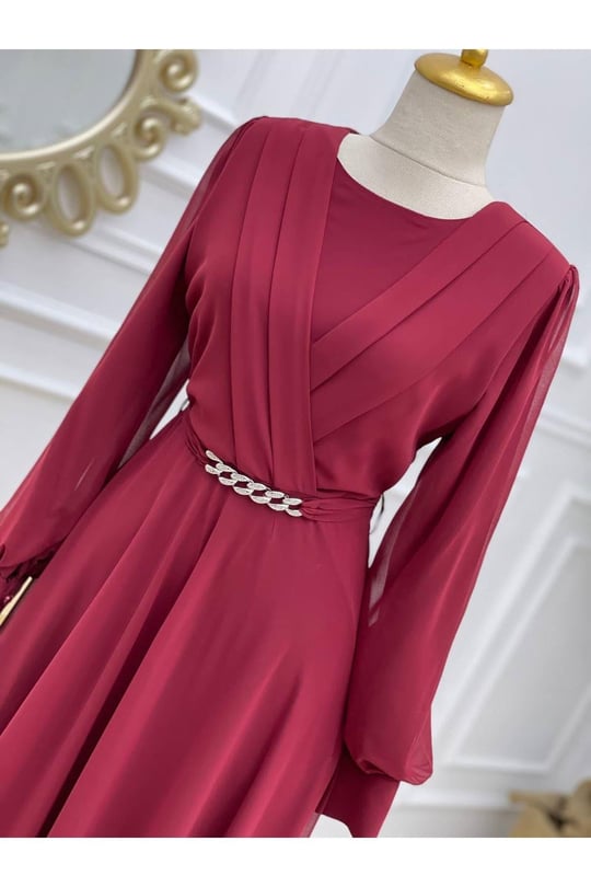 Zincir Kemer Şifon Elbise 3645-Bordo