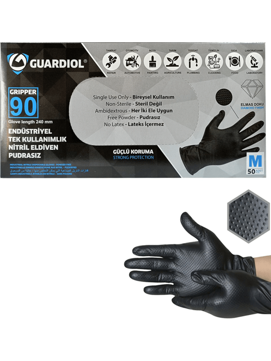 GUARDIOL GRIPPER 90 SİYAH-XL TEK KULLANIMLIK NİTRİL ELDİVEN PUDRASIZ (50 ADET)
