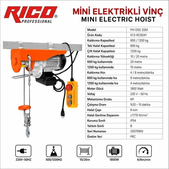 Rico RC6041 PA1200 Elektrikli Vinç Caraskal 600/1200Kg 20 Metre Halatlı Kumandalı Yük Kaldırma 1800W