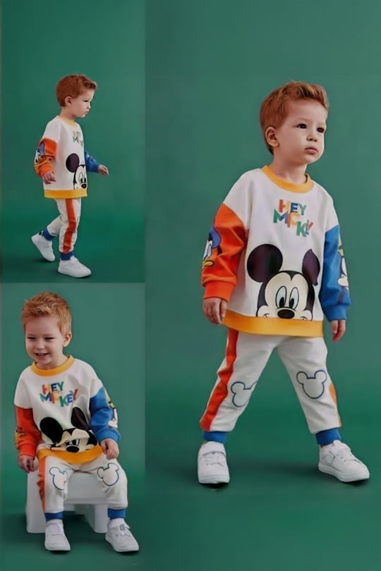 Mickey Mouse Görselli Kapüşonlu Bebek Çocuk Alt Üst Takım-Beyaz