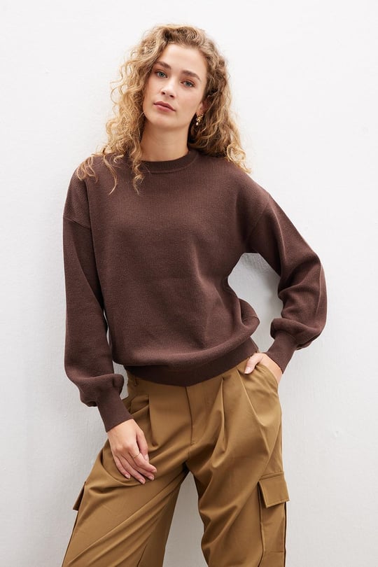 新品　RIKO (リコ)Volume sleeve sweat pullover Peraluna ANNETTE PULLOVER Bisiklet Yaka Büzgü Kol Kadın Triko