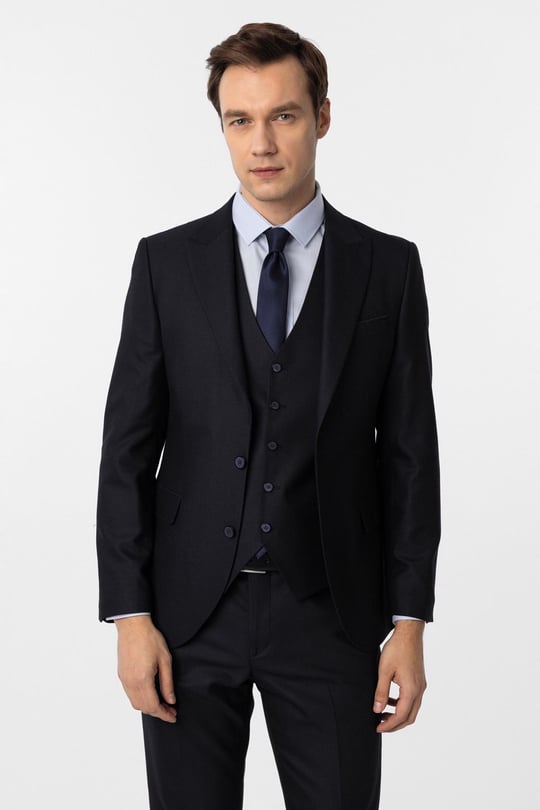 Lacivert Slim Fit Desenli Sivri Yaka 6 Drop Yelekli Klasik Takım Elbise