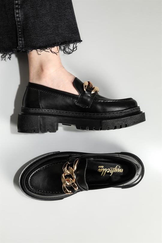 Loafer Kalın Taban Siyah Altın Kadın Ayakkabı Felicity