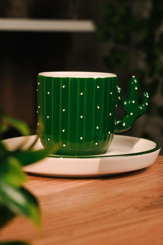 El Yapımı Kaktüs Desenli Seramik Türk Kahvesi Fincanı | 100 ml | Ceramic | 2 Parça