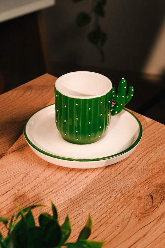 El Yapımı Kaktüs Desenli Seramik Türk Kahvesi Fincanı | 100 ml | Ceramic | 2 Parça