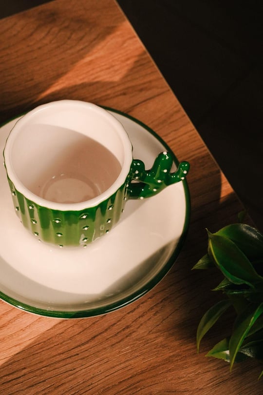 El Yapımı Kaktüs Desenli Seramik Türk Kahvesi Fincanı | 100 ml | Ceramic | 2 Parça