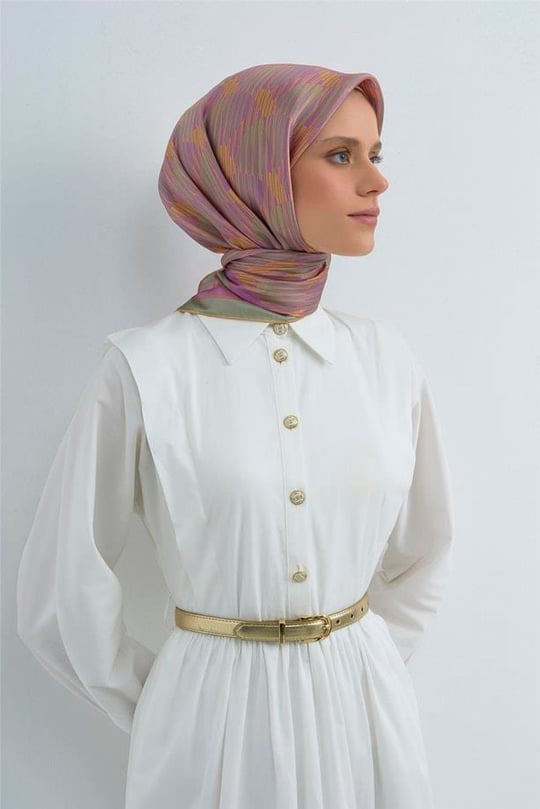 Armine Tivil Saf İpek Eşarp 9533 - 03 Pembe Yeşil Çizgi Desen