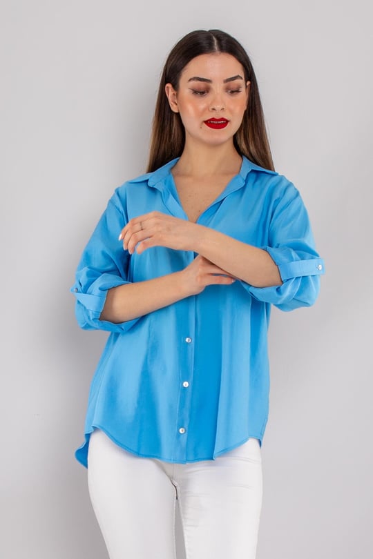 Düğmeli Katlama Kol Kadın Modal Gömlek