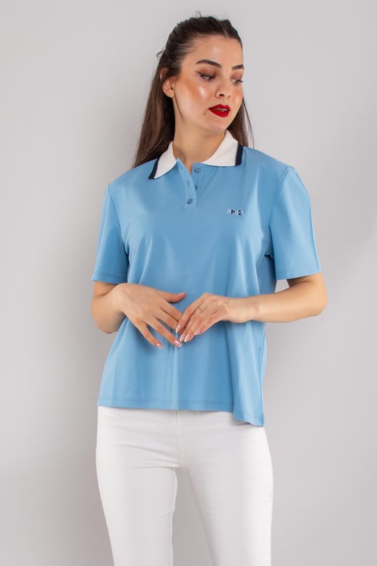 Polo Yaka Düğmeli Kısa Kollu Pamuk Kadın Tshirt