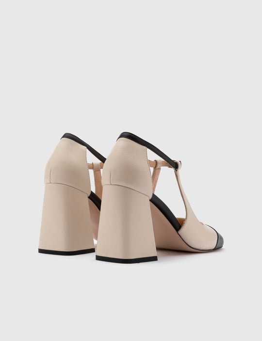 茶 karahana Kazue Beige Leather Women's Heeled Sandal - İLVİ