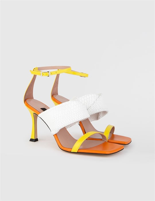 Nolae Yellow-White Leather Women's Heeled Sandal - İLVİ