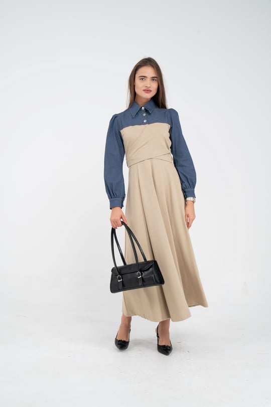 Denim Detaylı Uzun Elbise K1721