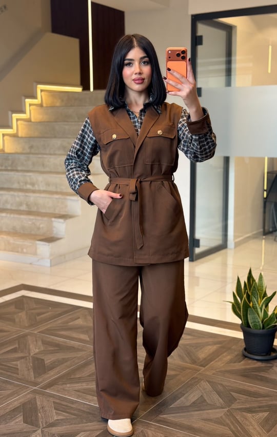 Kare Detaylı Yelekli İkili Takım Lacivert K1919 Kahve