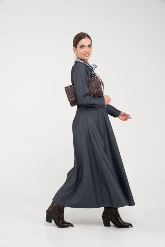 Kuşak Detaylı Denim Elbise K1733
