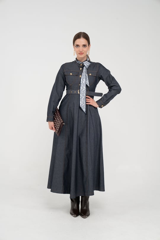 Kuşak Detaylı Denim Elbise K1733