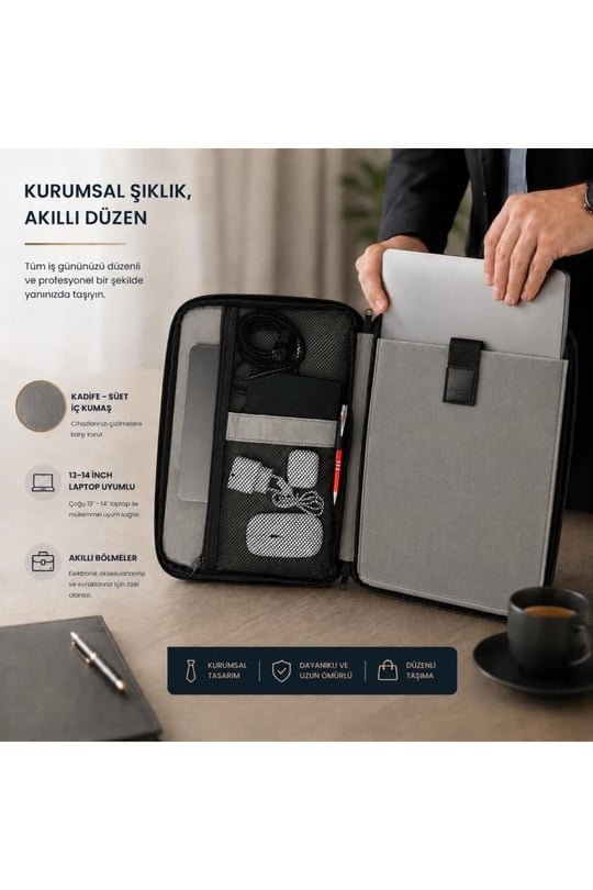 Classone 3in1 Serisi CLK144 13,14 inch Uyumlu Tablet Laptop El ve Omuz Çantası Keten Gri