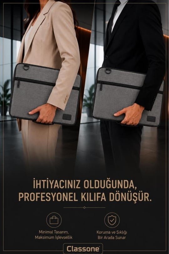 Classone 3in1 Serisi CLK144 13,14 inch Uyumlu Tablet Laptop El ve Omuz Çantası Keten Gri