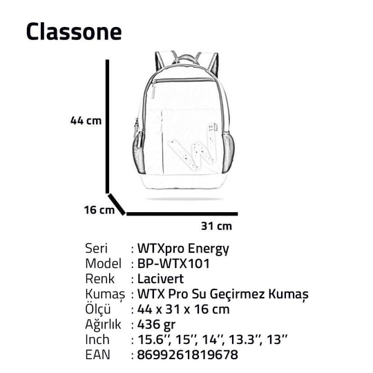 Classone BP-WTX101 Wtxpro SERISI 15.6 Inch Macbook, Notebook, Laptop, Çantası-Lacivert
