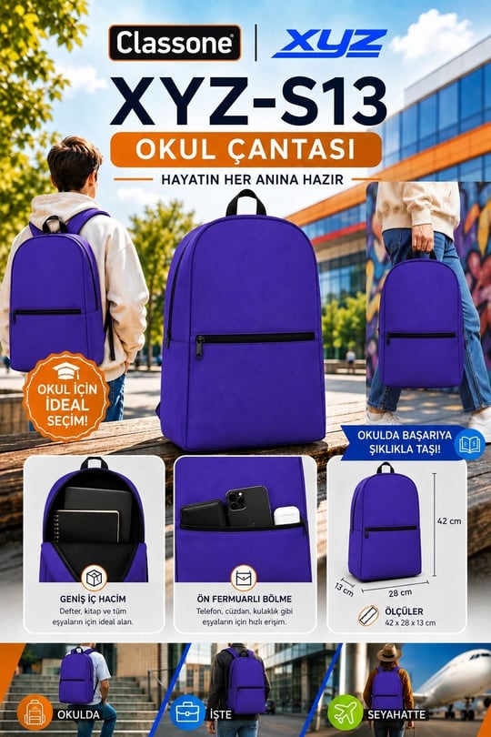 Classone XYZ Eko Serisi XYZ-S13 Günlük Kullanım,Unisex Okul,Sırt Çantası