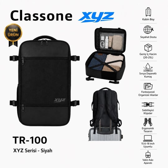 Classone XYZ TR-100 Kabin Boy Uçak İçi Ergonomik Laptop ve Tablet Bölmeli Seyahat Valiz Çanta