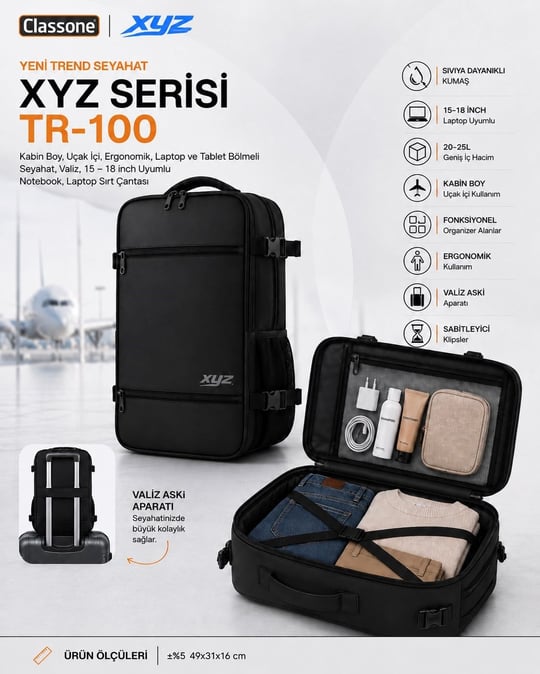 Classone XYZ TR-100 Kabin Boy Uçak İçi Ergonomik Laptop ve Tablet Bölmeli Seyahat Valiz Çanta