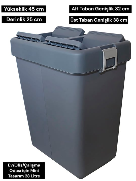 Motek 28 Litre Mini Tasarım Geri Dönüşüm Ofis/Ev/Çalışma Odası Çöp Kutusu Kovası Antrasit
