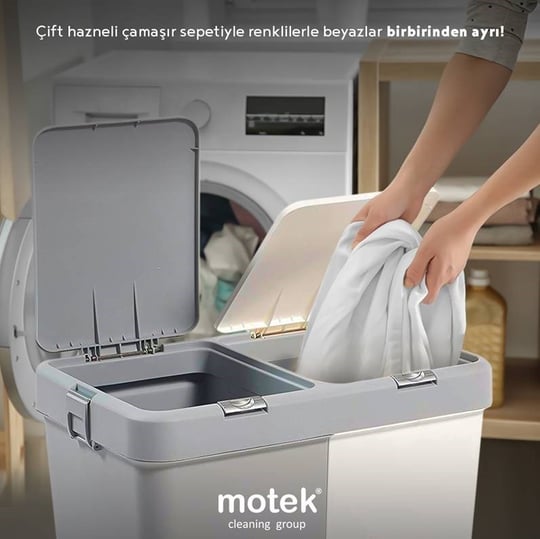 Motek Duo Dokunmatik Laundry Çamaşır Sepeti 80 Litre Gri Beyaz 