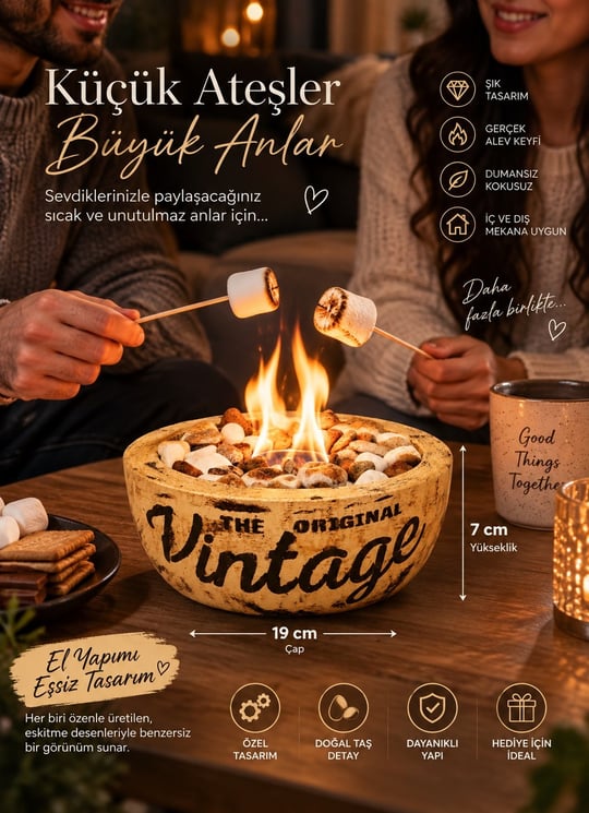 Technow Home-300 Vintage Eskitme Desen El Yapımı Masa Şöminesi Ateş Çukuru (200ml Bioetanol)