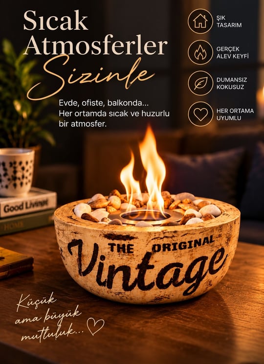 Technow Home-300 Vintage Eskitme Desen El Yapımı Masa Şöminesi Ateş Çukuru (200ml Bioetanol)