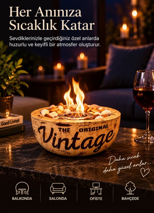 Technow Home-300 Vintage Eskitme Desen El Yapımı Masa Şöminesi Ateş Çukuru (200ml Bioetanol)