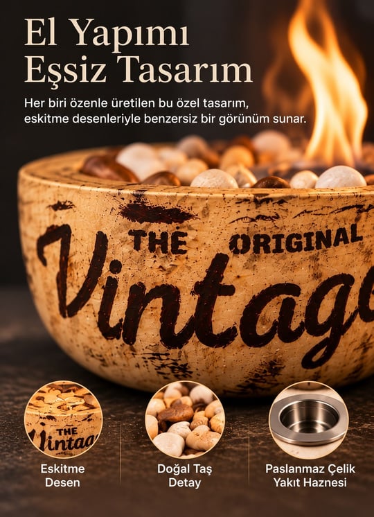 Technow Home-300 Vintage Eskitme Desen El Yapımı Masa Şöminesi Ateş Çukuru (200ml Bioetanol)