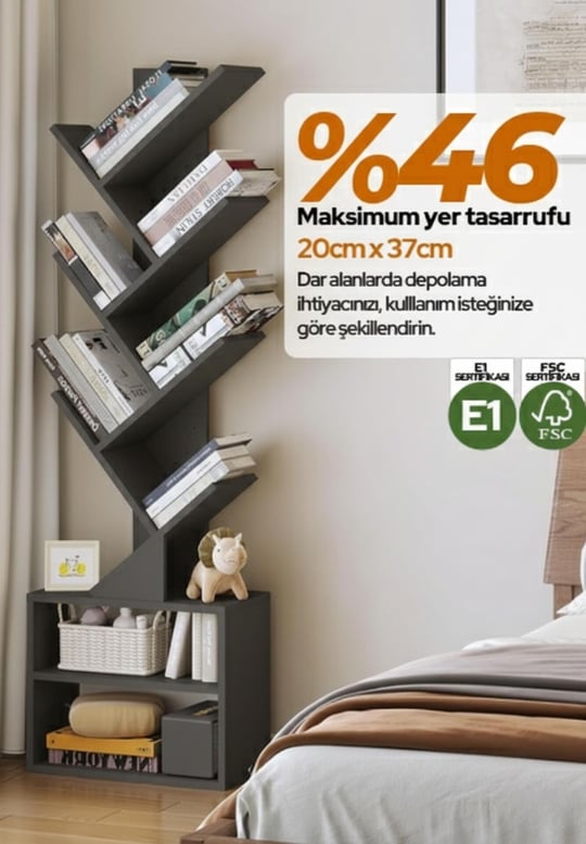 6 Katlı Kitaplık Depolama Dolaplı, Dar ve Uzun Ağaç Kitaplık | Modern Rustik Kahverengi Kitap Düzenleyici