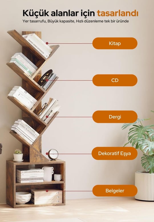 6 Katlı Kitaplık Depolama Dolaplı, Dar ve Uzun Ağaç Kitaplık | Modern Rustik Kahverengi Kitap Düzenleyici