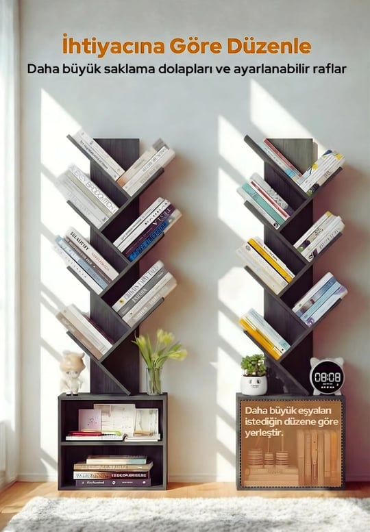 6 Katlı Kitaplık Depolama Dolaplı, Dar ve Uzun Ağaç Kitaplık | Modern Rustik Kahverengi Kitap Düzenleyici