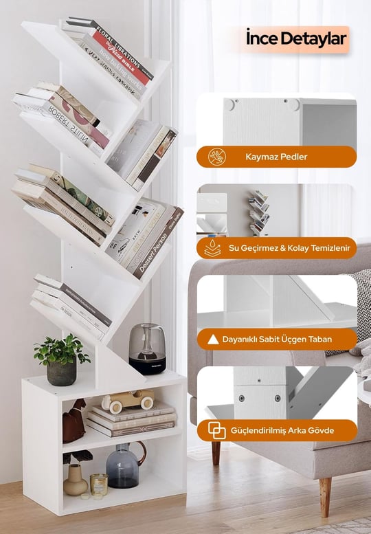 6 Katlı Kitaplık Depolama Dolaplı, Dar ve Uzun Ağaç Kitaplık | Modern Rustik Kahverengi Kitap Düzenleyici
