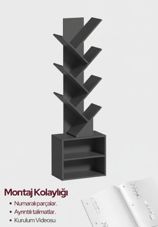 6 Katlı Kitaplık Depolama Dolaplı, Dar ve Uzun Ağaç Kitaplık | Modern Rustik Kahverengi Kitap Düzenleyici