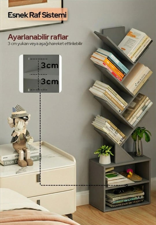 6 Katlı Kitaplık Depolama Dolaplı, Dar ve Uzun Ağaç Kitaplık | Modern Rustik Kahverengi Kitap Düzenleyici