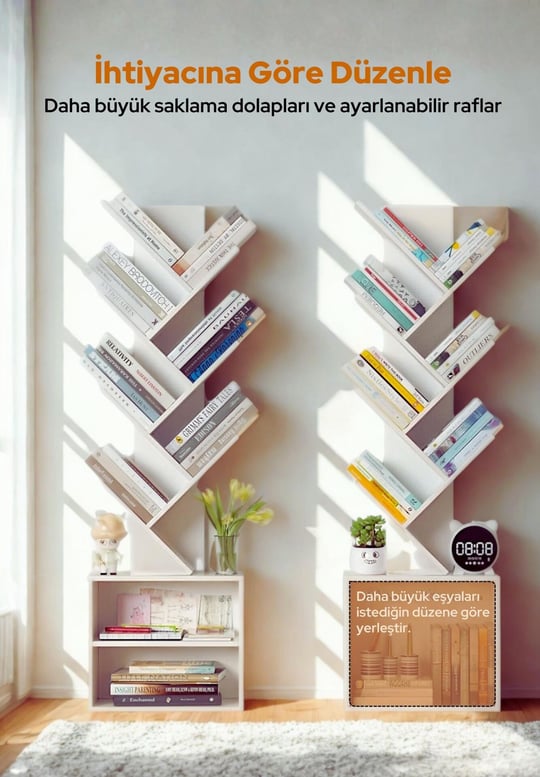 6 Katlı Kitaplık Depolama Dolaplı, Dar ve Uzun Ağaç Kitaplık | Modern Rustik Kahverengi Kitap Düzenleyici