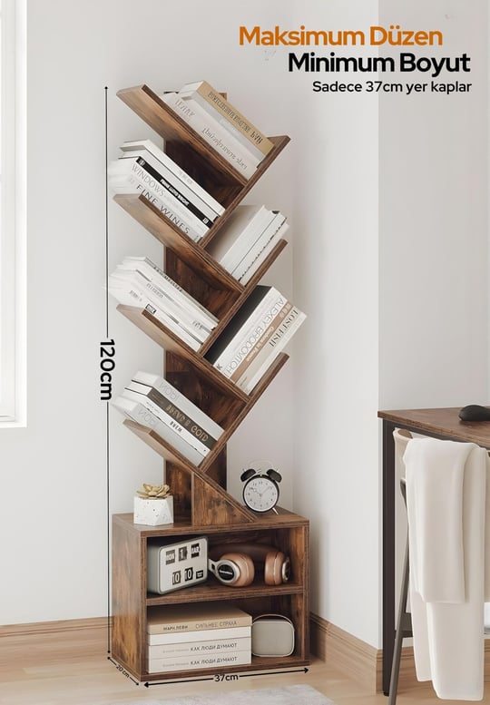 6 Katlı Kitaplık Depolama Dolaplı, Dar ve Uzun Ağaç Kitaplık | Modern Rustik Kahverengi Kitap Düzenleyici