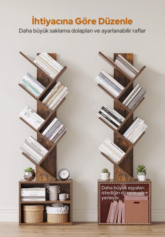 6 Katlı Kitaplık Depolama Dolaplı, Dar ve Uzun Ağaç Kitaplık | Modern Rustik Kahverengi Kitap Düzenleyici