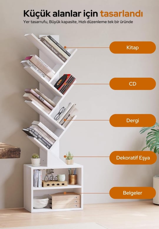 6 Katlı Kitaplık Depolama Dolaplı, Dar ve Uzun Ağaç Kitaplık | Modern Rustik Kahverengi Kitap Düzenleyici