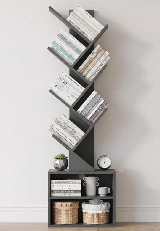6 Katlı Kitaplık Depolama Dolaplı, Dar ve Uzun Ağaç Kitaplık | Modern Rustik Kahverengi Kitap Düzenleyici