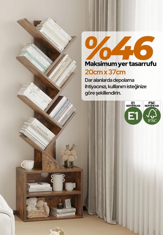 6 Katlı Kitaplık Depolama Dolaplı, Dar ve Uzun Ağaç Kitaplık | Modern Rustik Kahverengi Kitap Düzenleyici