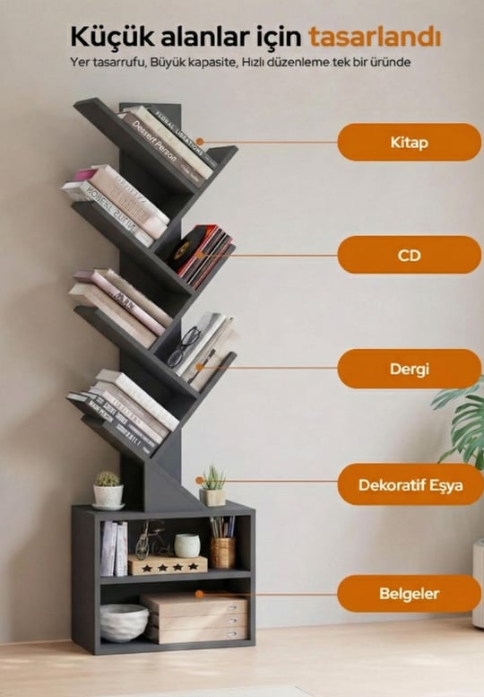 6 Katlı Kitaplık Depolama Dolaplı, Dar ve Uzun Ağaç Kitaplık | Modern Rustik Kahverengi Kitap Düzenleyici