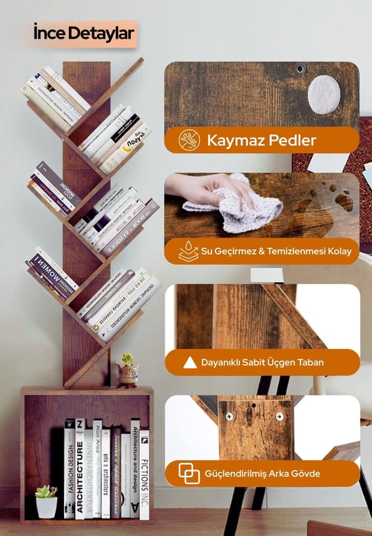 6 Katlı Kitaplık Depolama Dolaplı, Dar ve Uzun Ağaç Kitaplık | Modern Rustik Kahverengi Kitap Düzenleyici
