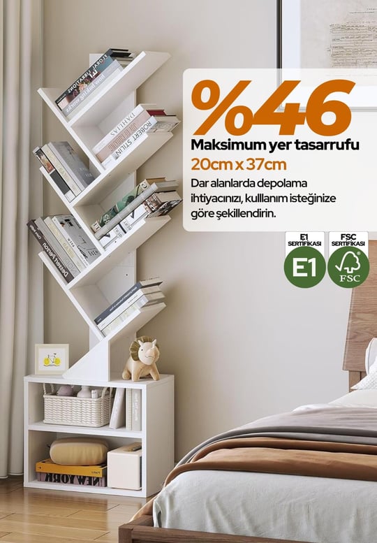 6 Katlı Kitaplık Depolama Dolaplı, Dar ve Uzun Ağaç Kitaplık | Modern Rustik Kahverengi Kitap Düzenleyici